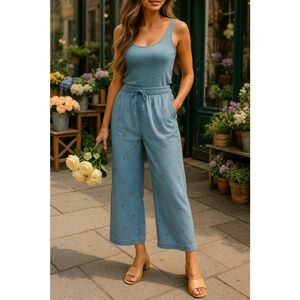 Basic Editions Floral Embroidered Chambray Denim Pants L Cottagecore Boho Lounge